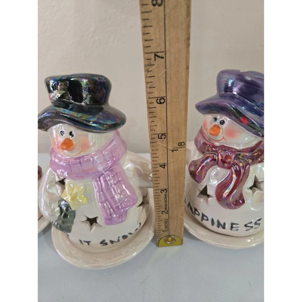 Vintage Ceramic Snowman Tealight Candle Holder Lot of 3 Christmas Holiday Decor